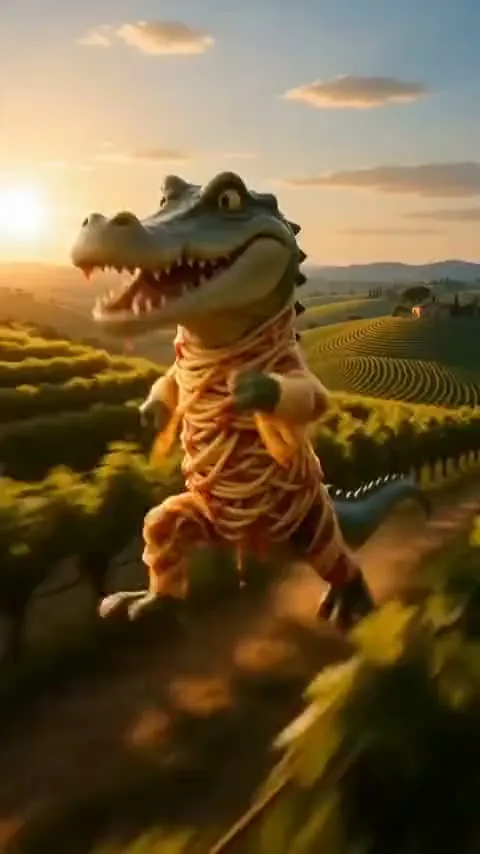 A crocodile made of pizza running through a vineyard