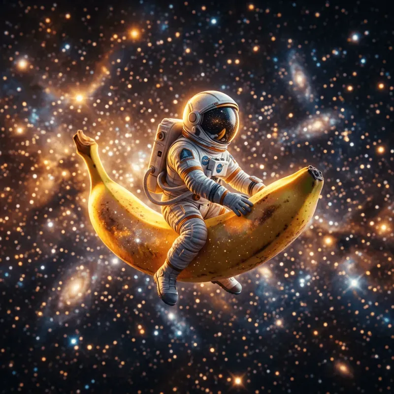 An astronaut riding a banana through a field of stars