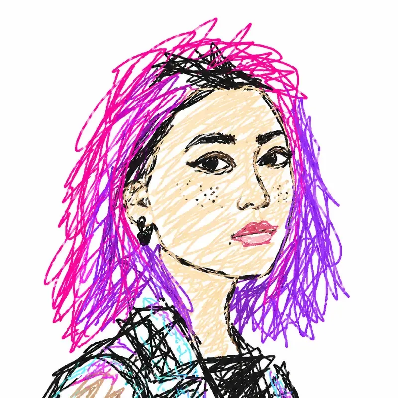 A portrait redrawn as a scribbly MS Paint doodle