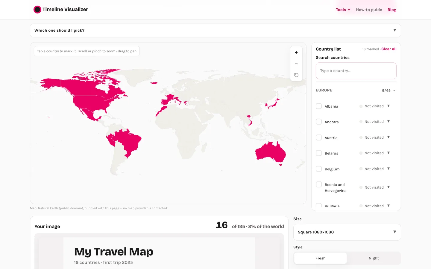 A world map with 16 visited countries filled in